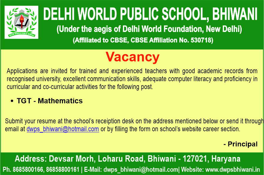 Vacancy for TGT Mathematics at DWPS Bhiwani